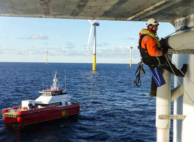 Workman hanging under a bridge over water